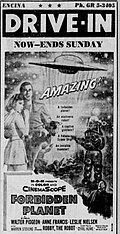 Drive-in theater ad for the 1956 sci-fi epic Forbidden Planet (1956), which was also notable for featuring an all-electronic score composed by Bebe and Louis Barron.