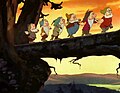 The famous "Heigh-Ho" sequence from Snow White and the Seven Dwarfs (1937), the first American animated feature film, created by Walt Disney, and showing the seven dwarfs (Doc, Happy, Grumpy, Bashful, Sneezy, Dopey, Sleepy).