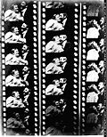Three black-and-white film strips showing a woman and man facing each other and then eventually kissing. Each film strip has about five visible frames.