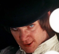 Malcolm McDowell in his Oscar-nominated role as "droog" gang leader Alex DeLarge in Stanley Kubrick's controversial A Clockwork Orange (1971), a film full of "ultra-violence" to the point of being withdrawn from theaters in England until a year after the director's death.